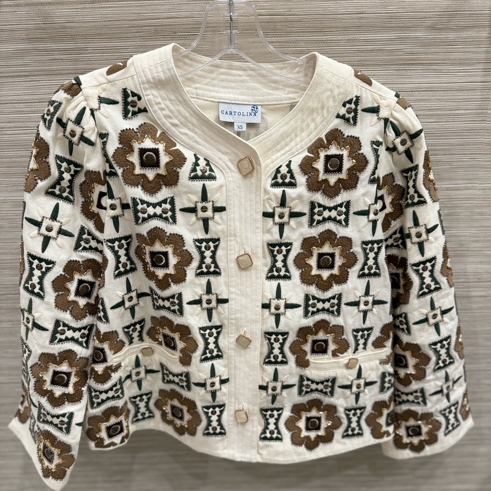 Cartolina Brand Cream Jacket with Floral Embroidery